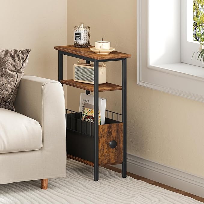 Snughome Narrow Side Table for Small Spaces, Slim End Table 3 Tier, Skinny Nightstand with Drawer, Sofa Beside Table with Storage Shelf for Living Room Bedroom