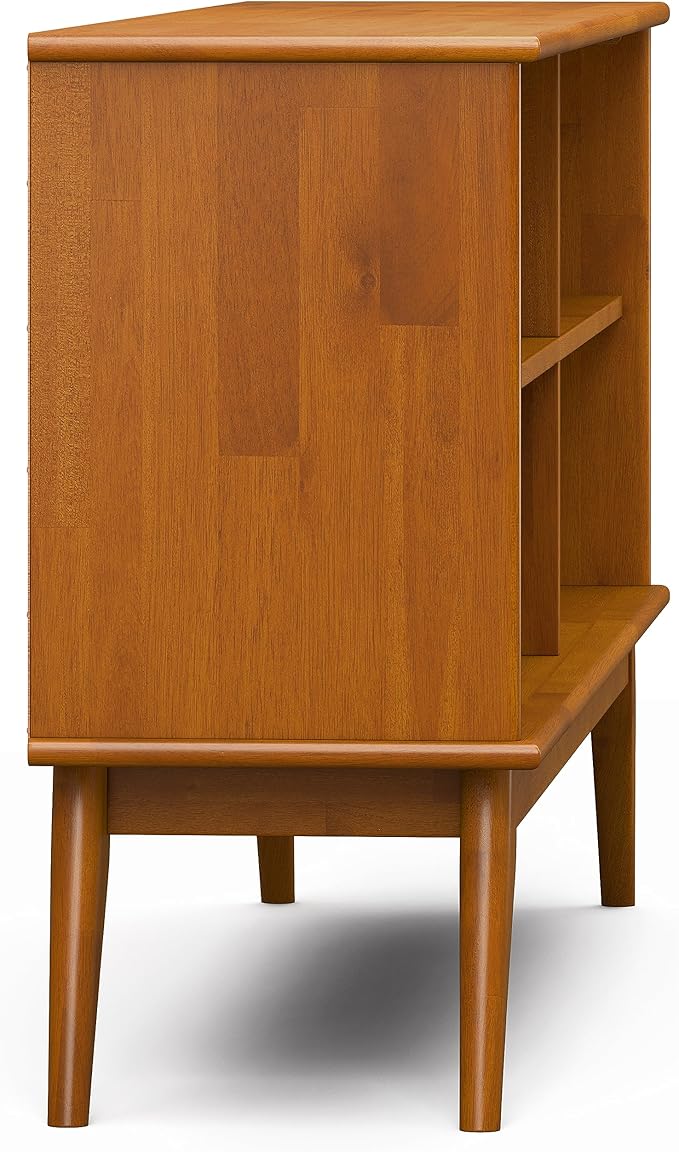 SIMPLIHOME Draper Bookcase - 30 inch Tall Solid Hardwood Low Bookshelf in Teak Brown, Mid-Century Modern Storage for Living Room, Study Room or Office with Tapered Legs and Wide Open Shelves