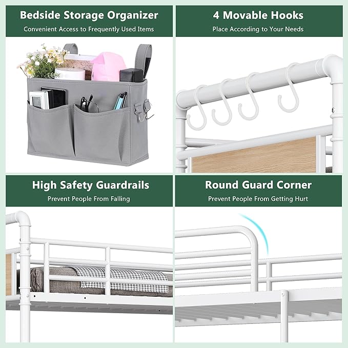Metal Bunk Bed Twin Over Twin, Industrial Bunkbeds Heavy Duty Bed with Safety Guard Rails and Space-Saving Design, Steel Bed for School, Bedroom (White)