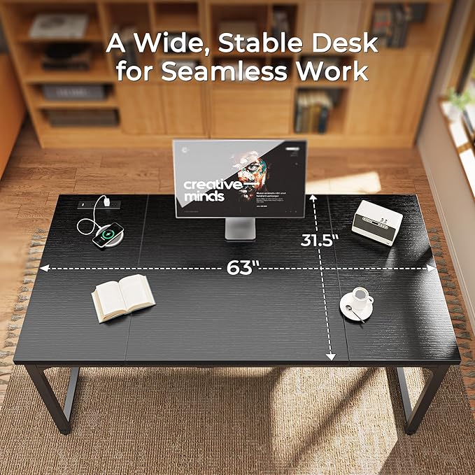 Huuger 63 x 31.5 inch Desk with Power Outlets & USB-C, 1.2 Inch Thicker Desktop, Robust Metal Tubes, Deep Computer Desk, Heavy Duty Office Work Desk, for Home Office, Black