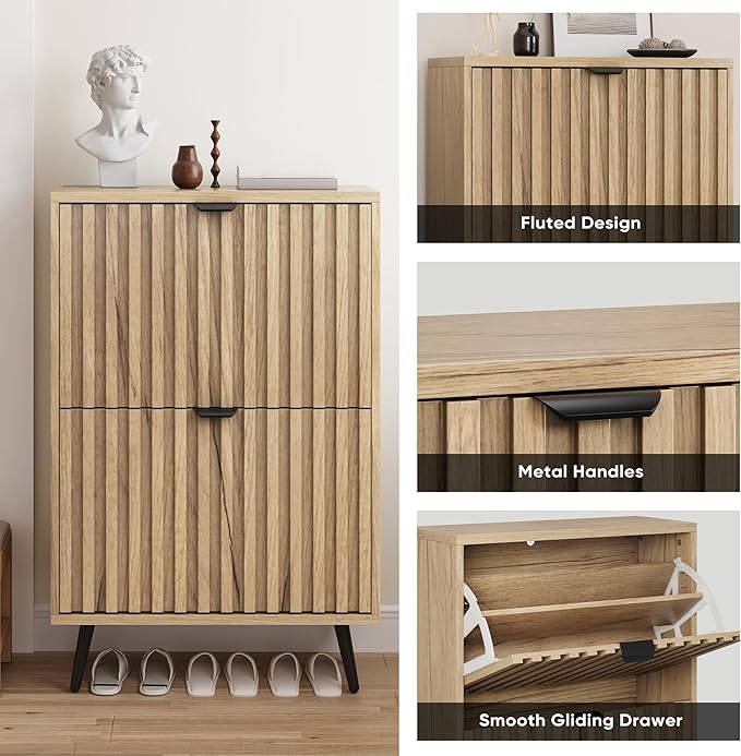 Smuxee Shoe Cabinet with 2 Flip Drawers, 23.6" Natural Hidden Shoe Storage Cabinet with Fluted Design, Freestanding Shoe Organizer Cabinet for Entryway, Hallway, Closet, Living Room