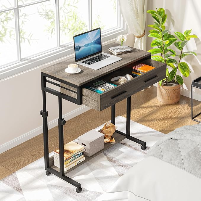 Tribesigns Portable Desk with Drawers, Mobile Laptop Desks with Wheels, Couch Desk Sofa Side Table, Small Standing Desks for Home Office (Retro Grey)