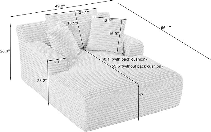 Oversized Chaise Daybed Lounge Sleeper Chair Sofa Bed Indoor, Fluffy Corduroy Upholstered Sleeper Recliner Sofabed Full Foam Boneless Cloud Sofabed W/3 Pillows for Home/Apartment Living Room Bedroom