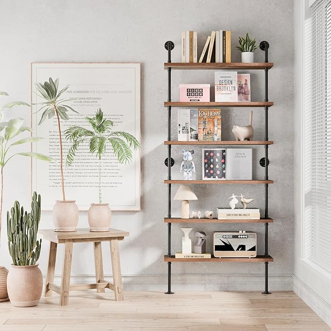 6 Tier Industrial Ladder Shelf Bookcase, Wall Mounted Rustic Bookshelf for Living Room Decor and Storage (Walnut Color, 6 Tier - 10" D x 36" W x 82.5" H)
