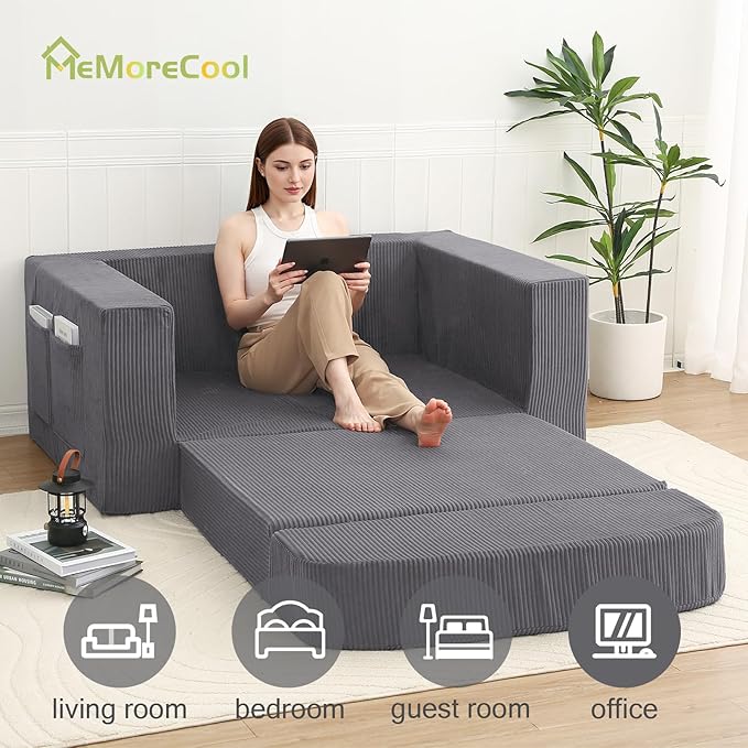 MeMoreCool Convertible Sofa Bed, Pull Out Loveseat Sleeper Sofa, Small Boneless Cloud Couch Bed for Adults, Fold Out Foam Love Seat Grey, Corduroy Folding Floor Couch for Bedroom