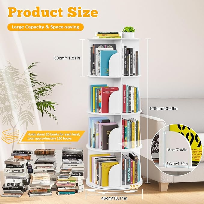 Rotating Bookshelf Tower, 360 Spinning Book Shelf for Kids Rooms, Small Corner Bookshelf for Kids, Round Revolving Bookcase Floor Standing Bookcase Book Storage Classroom Furniture, White, 4 Tier