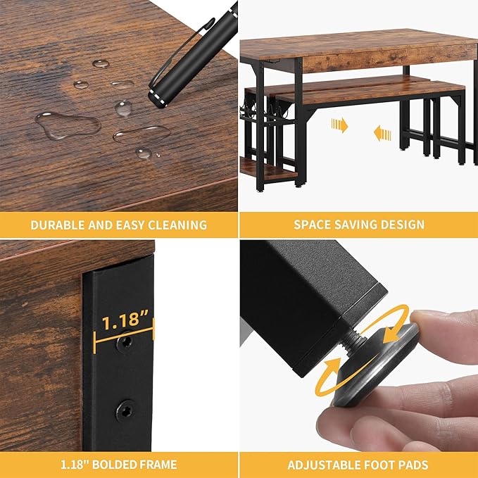 DWVO 3-Pieces Dining Room Table Set for 4 People 63" Large Dining Table with 2 Benches Rectangle Industrial Kitchen Table for 4 with Metal Frame & 2 Storage Shelves for Small Space Kitchen Brown