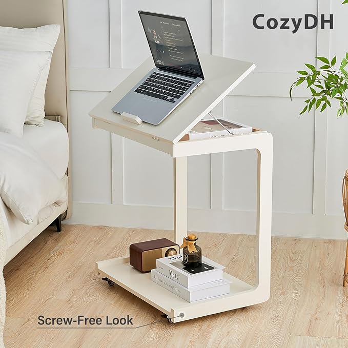 CozyDH Adjustable C Shaped End Table, Rolling Side Table Solid Wood TV Sofa Tray Table for Couch Arm Eating Multi-Purpose, Small Coffee Table with Wheels Living Room Bedroom, White