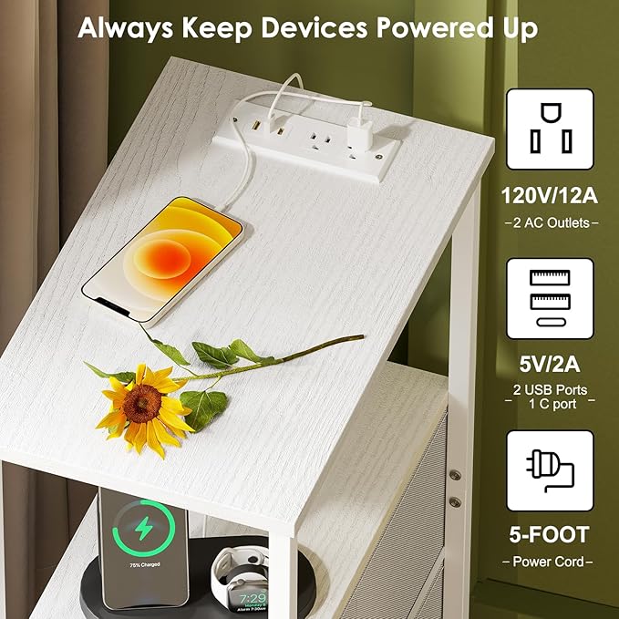 Fixwal Narrow Side Table with Charging Station and LED Light, Skinny Nightstand with 2 Fabric Drawers, Slim End Table for Bedroom, Dorm, Small Space, White