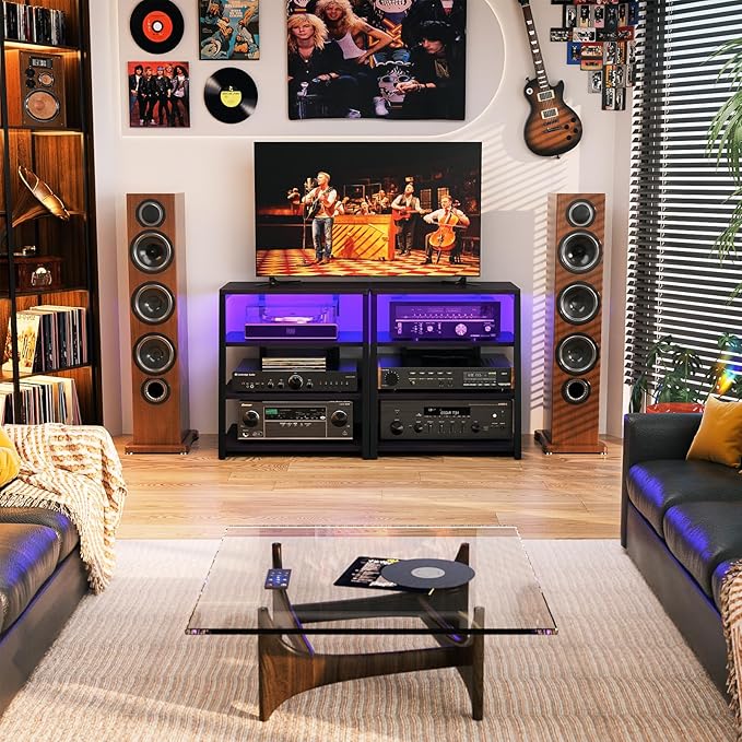 AV Media Stand with Outlets, Media Console with LED Lights, Stereo Racks and Stands with Storage Shelves, Media Audio Tower Cabinet, Black Enoby