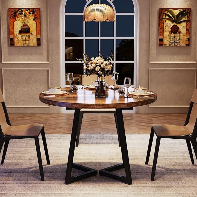 Tribesigns Round Dining Table for 2, 31.5" Industrial Dinner Table with Metal Base, Kitchen Table for Dining Room, Small Space, Apartment, Rustic Brown & Black
