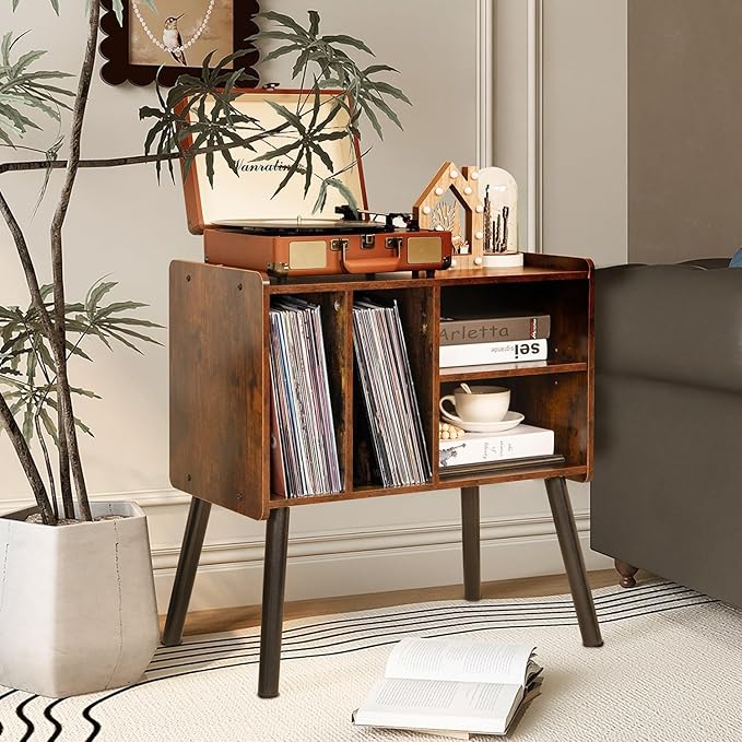 Record Player Table, Mid-Century Record Player Stand with Vinyl Storage Hold Up to 150+ Albums, Vinyl Record Cabinet with Adjustable Shelves, Wood Turntable Stand for Music Living Room (Brown)