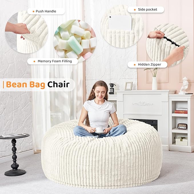 HABUTWAY 4FT Bean Bag Chair, 4' Large Bean Bag Chairs for Adults with Removable Stripe Plush Cover, Memory Foam Beanbag Chair for Living Room Bedroom Dorm (White)