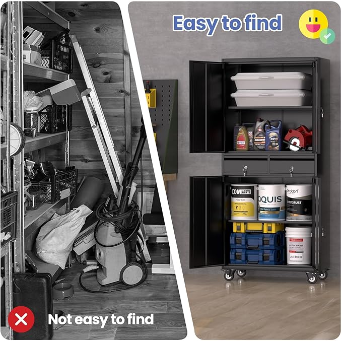 Garvee Metal Storage Cabinet, 73 Inch Garage Storage with Locking Doors and Adjustable Shelves, Heavy Duty Tool Cabinet with 2 Drawers