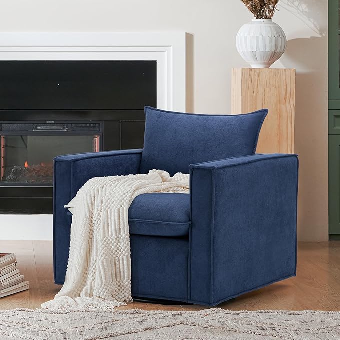 COLAMY Swivel Accent Chair Set of 2, 34 Inches Wide Upholstered Arm Chair with Plump Back Pillow, Modern Sofa Living Room Chair for Bedroom, Corner, Reading Nook-Blue