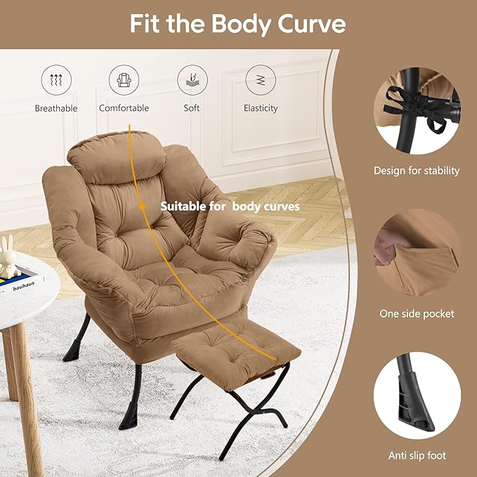 Lazy Chair with Folding Ottoman Modern Large Accent Chair,Contemporary Lounge Leisure Sofa Chair with Armrests Upholstered Sofa Armchair Reading Chair for Bedroom,Dorm & Office(Khaki-f)