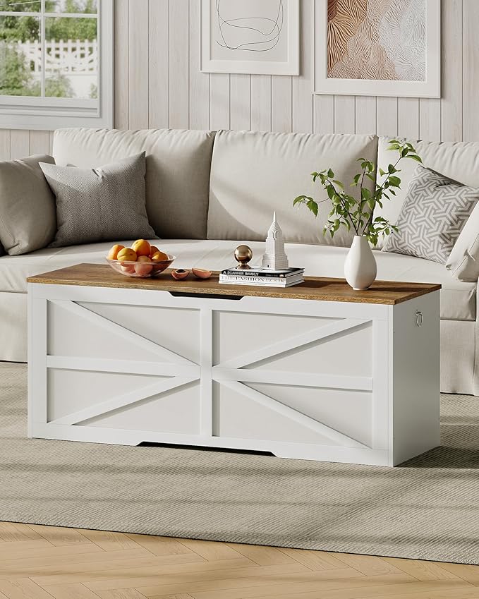 Storage Chest, 47.2" Wooden Storage Trunk, Modern Storage Bench with Safety Hinge, Toy Box, Farmhouse Style, for Bedroom, Living Room, Walnut and White MCW16WL
