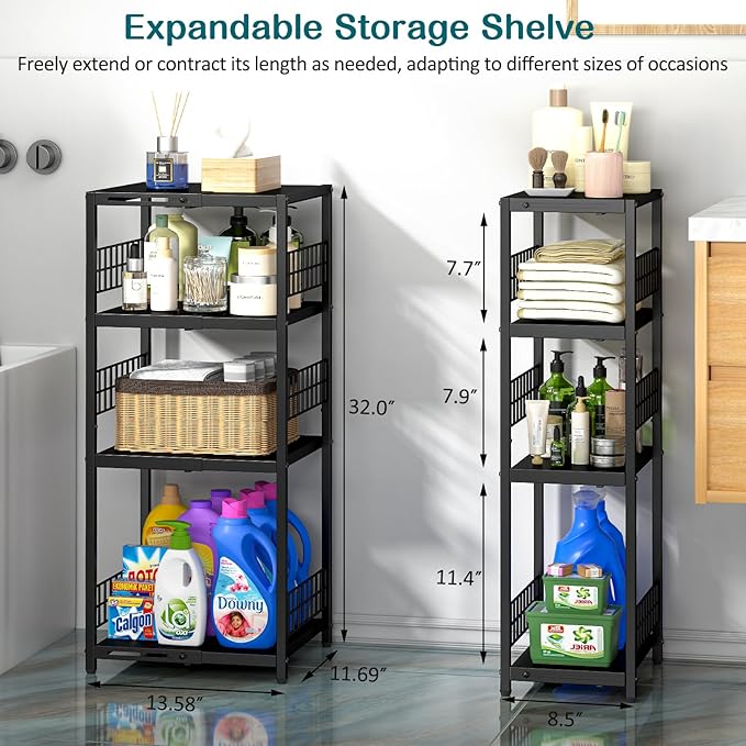 Expandable Slim Storage Shelf, 4 Tier Metal Shelving Unit for Bathroom Storage Organizer, Freestanding Narrow Shelf for Small Spaces, Open Floor Shelves for Bathroom, Laundry Room, Kitchen