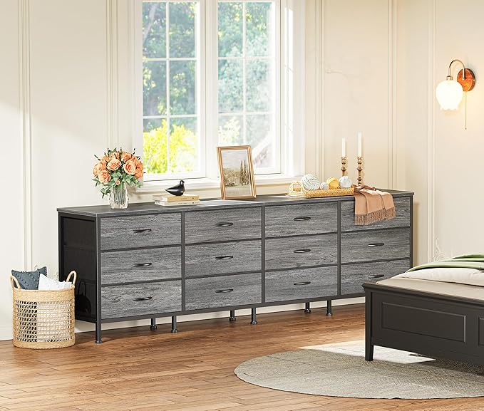 Huuger 70 Inch Dresser for Bedroom, TV Stand for 65, 75, 80 Inch TV, 12 Fabric Drawer Long Dresser, Large Storage Organizer Unit, Wide Chest of Drawer with Storage, for Living Room, Grey