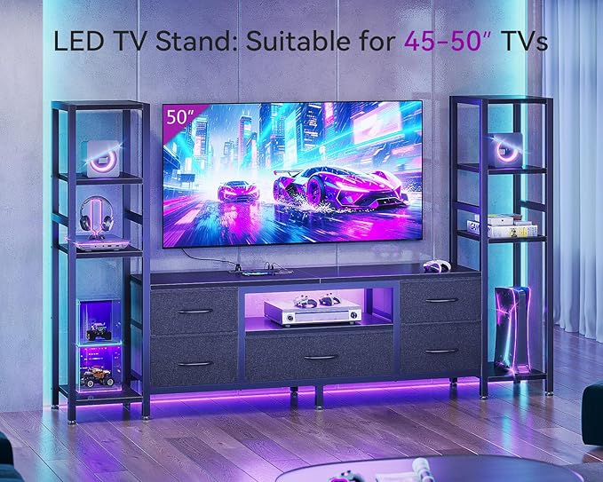 Casaottima 71" TV Stands for 43, 50, 55 Inch TV Entertainment Center with LED Lights and Power Outlets, TV Stand for Living Room with 5 Fabric Drawers & Shelf, TV Console Cabinet for Bedroom, Black