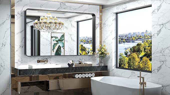 TokeShimi 60 x 36 Inch Black Bathroom Mirror for Wall with Non-Rusting Aluminum Alloy Metal Frame Rounded Corner Rectangle Mirror for Modern Farmhouse Home Decor Mirror(Horizontal/Vertical)