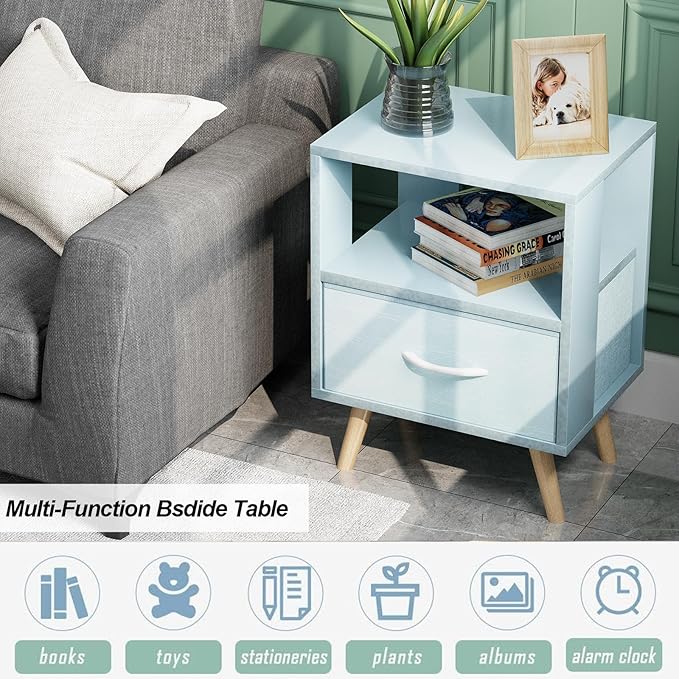 Night Stand, Blue Kids Nightstand with Drawer, Nursery Side Table with Open Storage, 2-Tier Modern End Table, Bedside Table for Small Space, Living Room, Bedroom