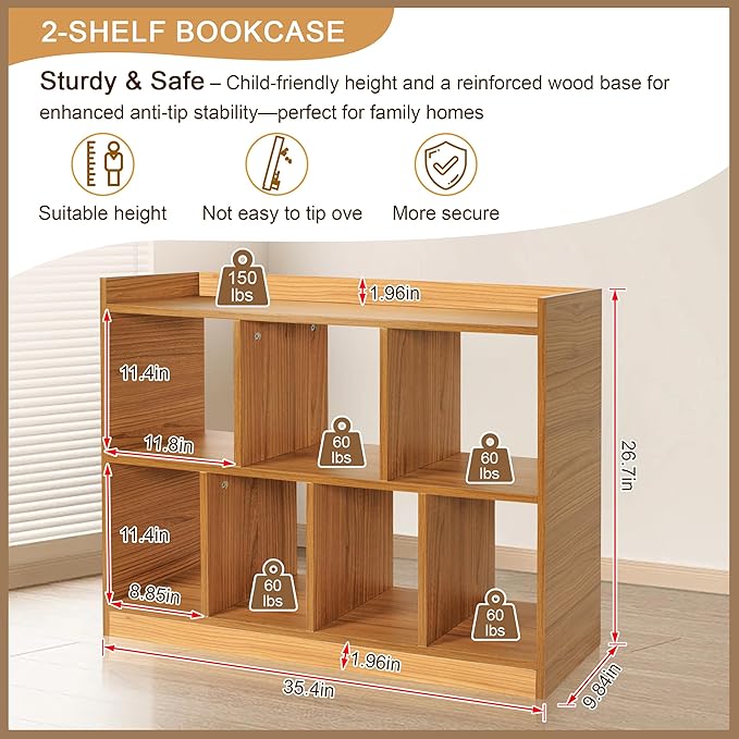 DOUSY- 7 Cube Bookshelf, Open Wooden Bookcase with Base, 2 Tier Cube Shelf Storage Organizer Shelf Display Rack Freestanding Horizontal Bookshelves for Bedroom, Living Room, Home Office