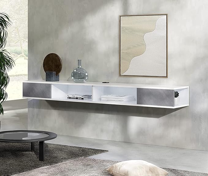 WAMPAT Floating 70in TV Stand, Entertainment Center Media Console, Wall Mounted Shelf Media Console Cabinet for Storage for 65/70/75 Inch TVs, White&Grey