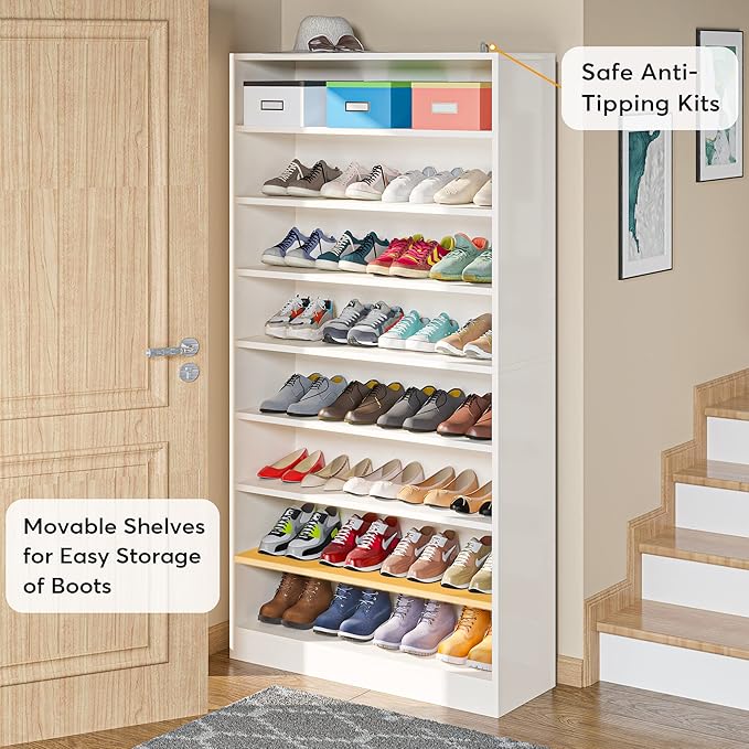Tribesigns Shoe Cabinet, 9 Tiers 40-45 Pairs Heavy Duty Wood Freestanding Shoe Storage Cabinet, 70.8'' Tall Shoe Cabinet with Open Storage for Entryway, White