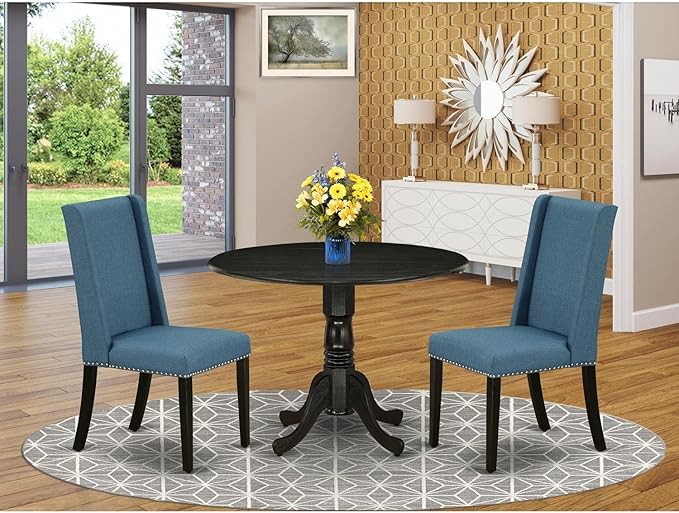 East West Furniture DLFL3-ABK-21 3 Piece Dining Room Table Set Contains a Round Kitchen Table with Dropleaf and 2 Blue Linen Fabric Parsons Dining Chairs, 42x42 Inch, Wirebrushed Black