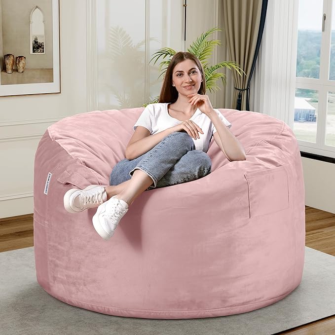 HABUTWAY Bean Bag Chair 3Ft Luxurious Velvet Ultra Soft Fur with High Rebound Memory Foam Bean Bag Chairs for Adults Plush Lazy Sofa with Fluffy Sponge 3' (Pink)