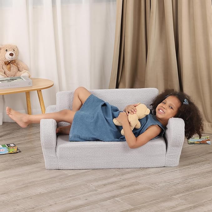 Extra Wide Toddler Chair, 2-in-1 Toddler Couch Fold Out, Convertible Sherpa Sofa to Lounger for Boys & Girls, Grey
