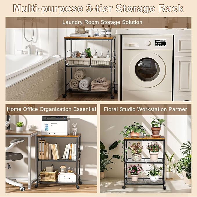 Microwave Cart with Adjustable Drawer Slider Shelves, 3 Tier Rolling Kitchen Microwave Stand with Storage, Small Kitchen Utility Cart on Lockable Wheels, Coffee Cart with Hooks