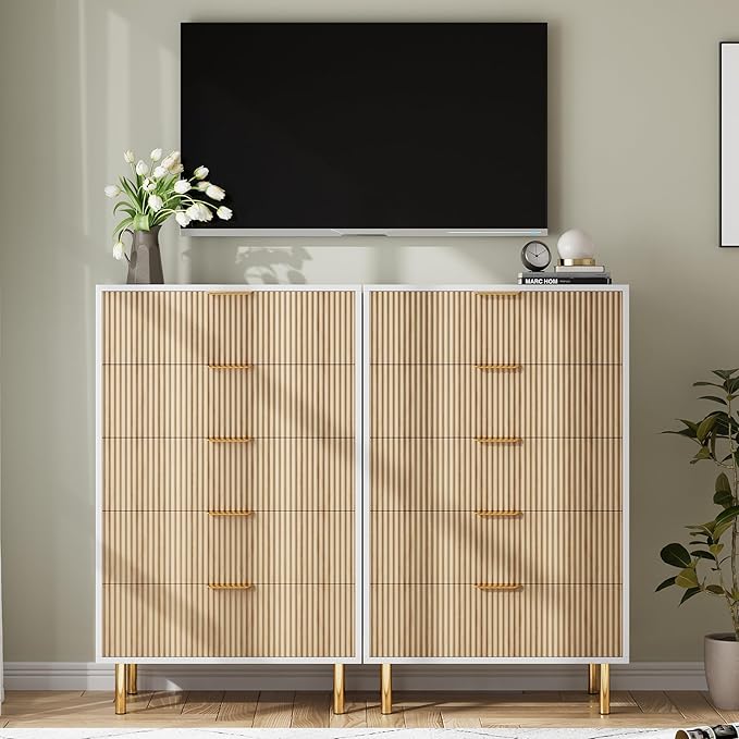 Natural Dresser, Modern 5 Drawer Dresser for Bedroom with Gold Handle and Large Drawer, Wood Double Chest of Drawers and Storage Organizer for Living Room, Hallway, Entryway