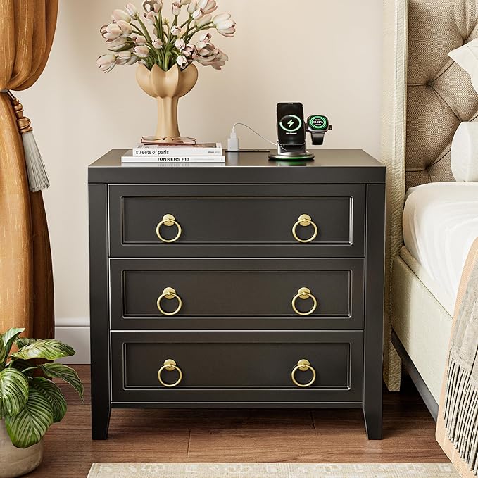 Huuger 23.6 Inch Night Stand with Charger Station and USB-C Port, 3 Drawer Nightstands Set of 2, Larger Wider Bedside Table, Modern End Table, for Bedroom, Black Nightstand
