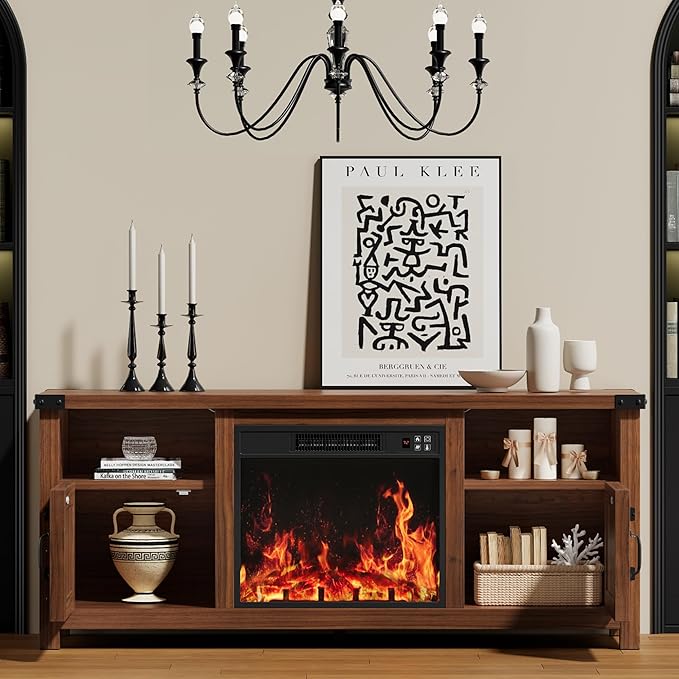 YESHOMY Fireplace TV Stand with Barn Doors and Open Display Shelf, Farmhouse Media Console with Hidden Cable Routing, Entertainment Center for Televisions up to 65+ Inch, Walnut