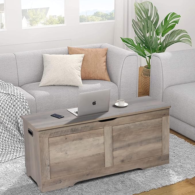 39.4" Storage Chest, Wooden Storage Bench, Lift Top Toy Chest with 2 Safety Hinges, Large Toy Box, Entryway Bench for Living Room, Bedroom, Grey