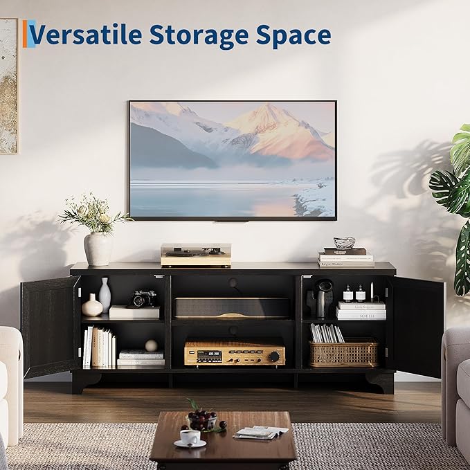 GarveeHome Rattan TV Stand for Living Room, Boho Entertainment Center for 55, 65, 70 Inch TV, TV Console Cabinet with Storage and Shelf, Black