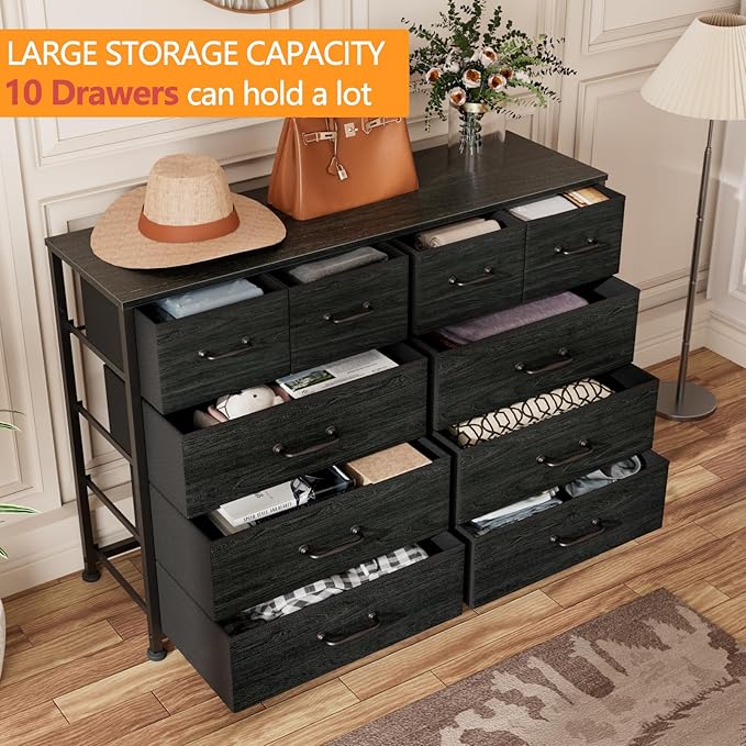Furnulem Bedroom Dresser for 55”Long TV Stand Entertainment Center Dressers & Chests of Drawers,10 Storage Fabric Drawer, Sturdy Metal Frame Tall Storage Cabinet for Living Room, Entryway, Black Oak