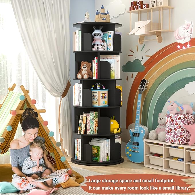 Rotating Bookshelf Tower, 5 Tier Spinning Bookcase, Revolving 360 Book Shelf Narrow Tall Bookcase, Vertical Turning Round Bookshelf Organizer, Wood Corner Book Shelf for Small Space, Black