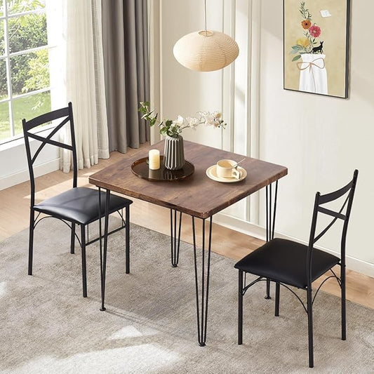 VECELO 3-Piece Dining Room Kitchen Table and Pu Cushion Chair Sets for Small Space, 2, Classic Brown,Dining Set for 2