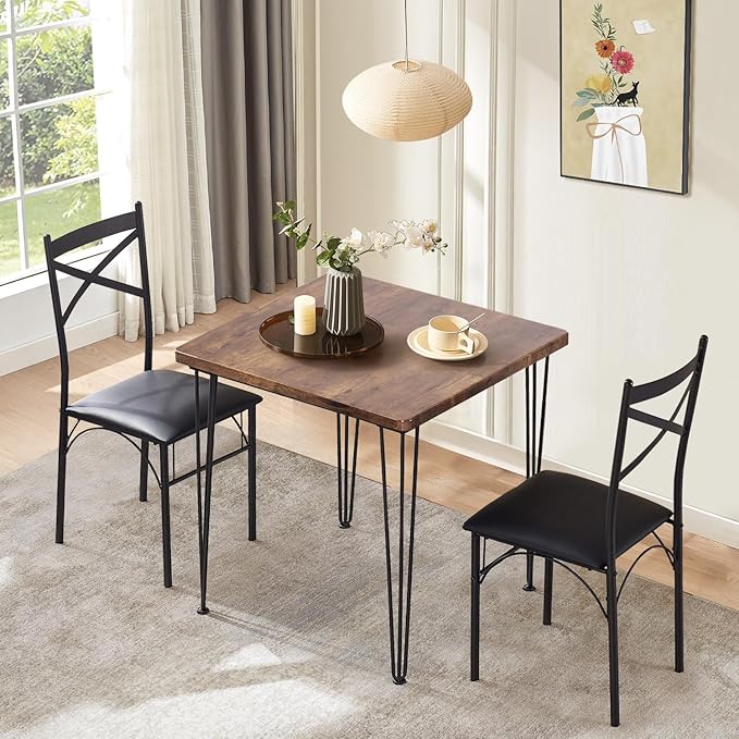 VECELO Kitchen Dining Room Table Set with 2 Chairs for Small Space, Apartment,Metal Steel Frame