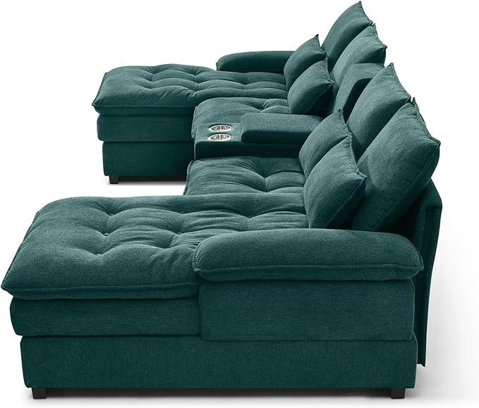 130" U-Shaped Sectional Sofa with Storage Console & Cup Holders, Upholstered 6 Seat Living Room Sleeper Couch Furniture Set w/Chaise, Cloud Cushion Couch for Home, Office, Apartment,Green