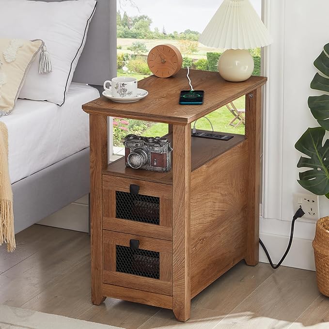 Farmhouse XXL End Table with Charging Station, Narrow Side Table with USB Ports and Outlets, Nightstand with 2 Drawers Storage, Bedside Tables for Living Room, Bedroom, Wooden Color