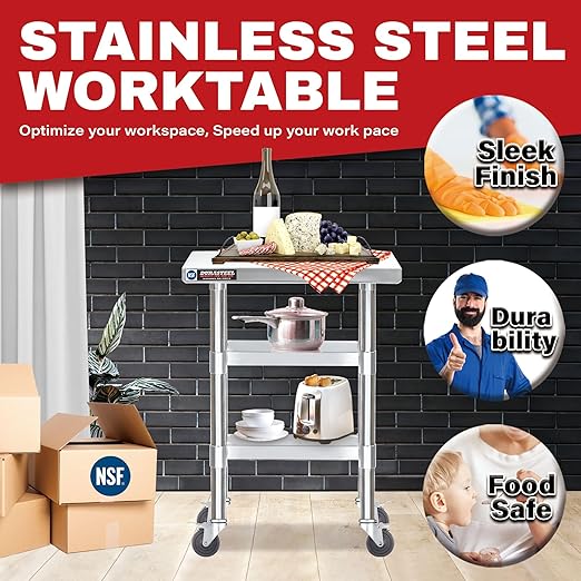 DuraSteel Stainless Steel Work Table 24" x 12" x 34" Height w/ 4 Caster Wheels - Food Prep Commercial Grade Worktable - NSF Certified - Good for Restaurant, Business, Warehouse, Home, Kitchen, Garage
