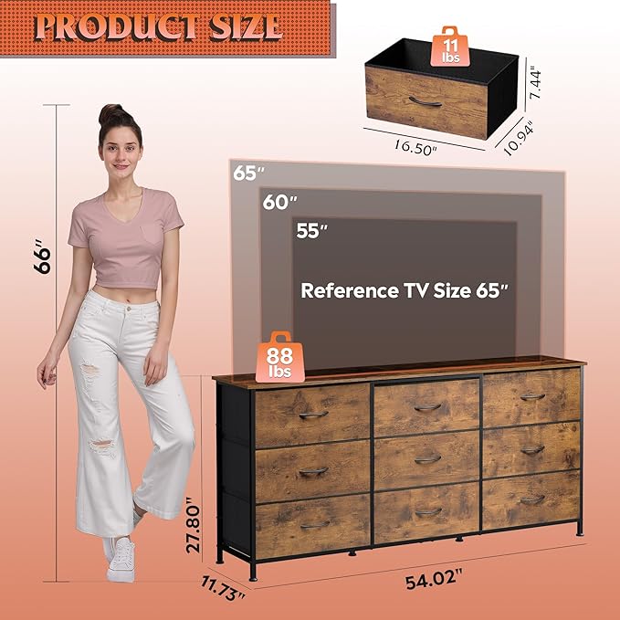 WLIVE 54''W Dresser for Bedroom, Dresser TV Stand for 55, 60, 65 inch TV, Wide Chest of Drawers with 9 Drawer, Large Entertainment Center, Fabric Dressers with Wood Top for Living Room, Rustic Brown