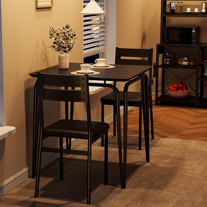 Dining Table for 2, Small Table and Chairs Set of 2, Square Dinette Set for 2, 3 Piece Kitchen & Dining Room Sets for Small Space (Black, Table with 2 Upholstered Chairs)