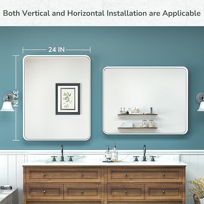 TokeShimi 24 x 32 Inch White Mirror Wall Mirror for Bathroom White Metal Frame Decorative Rectangular Wall Mounted Home Decor Corner Hangs (Horizontal/Vertical) Living Room Entryway