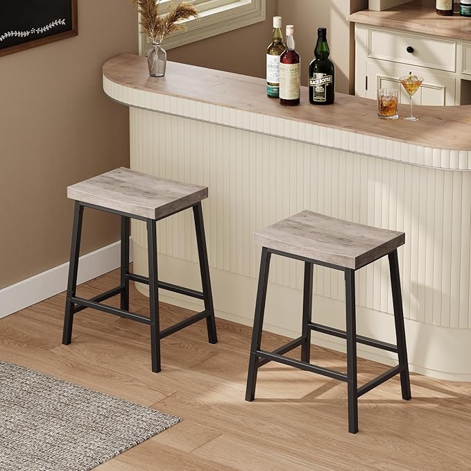 Bar Stools, Counter Height Bar Stools Set of 2, 23.7 Inch Saddle Stools with Footrest, Kitchen Stools, Industrial Style, for Dining Room, Counter, Bar, Greige BAHG0801