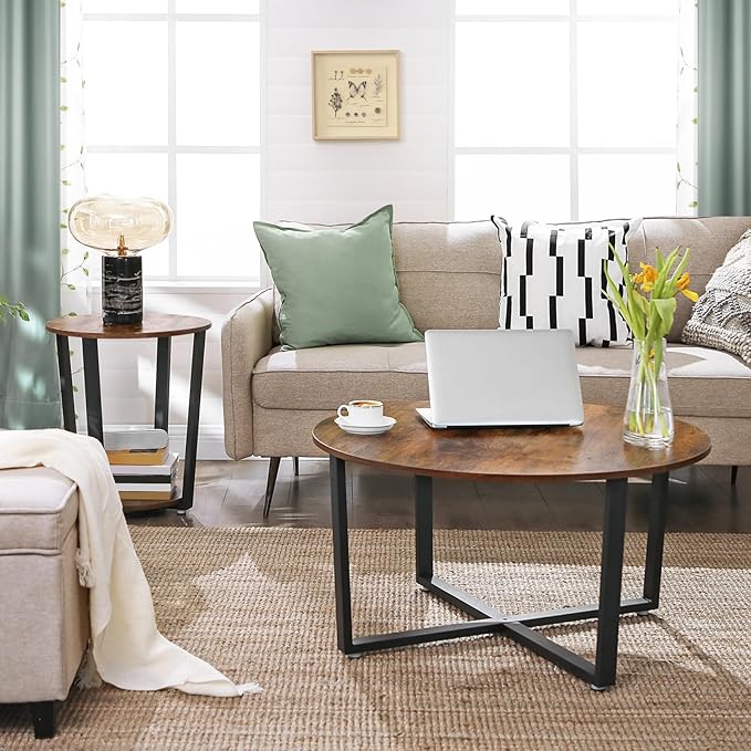 VASAGLE End Table, Round Side Table with Storage Shelf, Easy Assembly, Industrial Accent Furniture with Steel Frame, Rustic Brown and Black